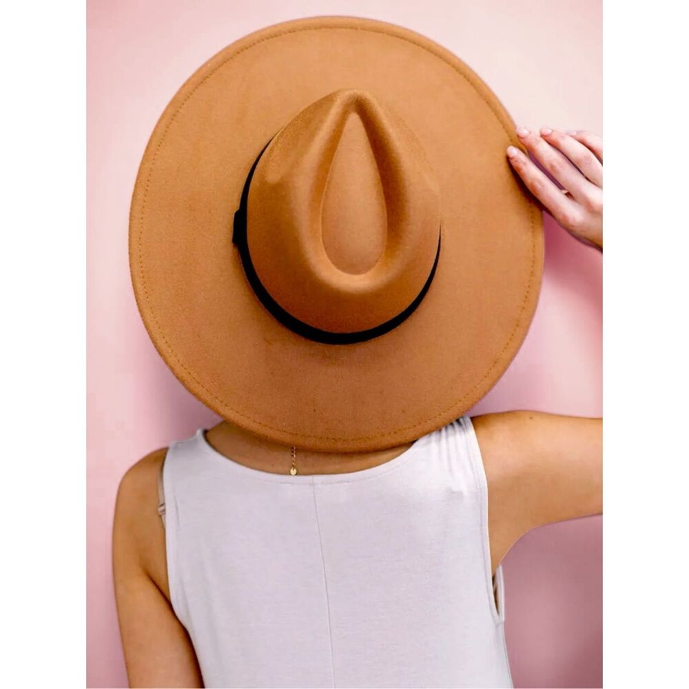 FAME Camel Wide Brim Fedora Hat | Tan Boho Rancher Western Black Ribbon NEW - Picture 7 of 14